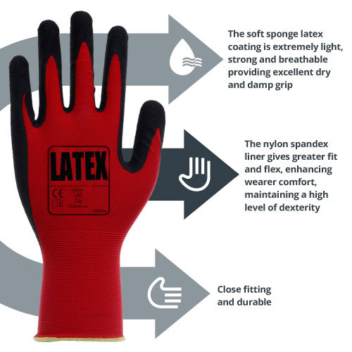 Foam Latex Palm Coated Work Gloves - Seamless Nylon/Spandex Liner - Wet & Dry Grip - In Bags of 10 Pairs
