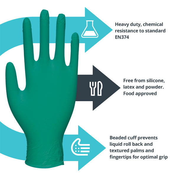 Heavy Duty Green Nitrile Ambidextrous Engineering Gloves - Cases of 10 Boxes, 100 Gloves per Box
