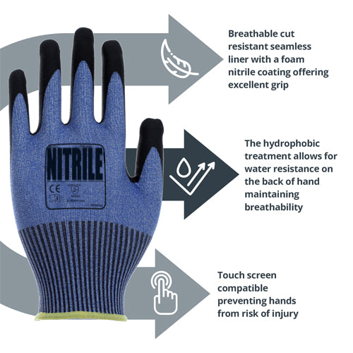 Foam Nitrile/PU Touch Screen Hydrophobic Work Gloves - Level D Cut Protection - NitreGuard® Technology - In Bags of 10 Pairs
