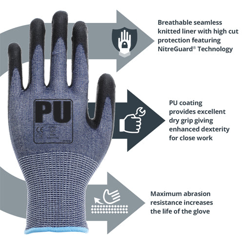 PU Cut Resistant Gloves - Cut Level F - Equivalent Level 5 Cut resistant gloves - NitreGuard® Technology - In Bags of 10 Pairs