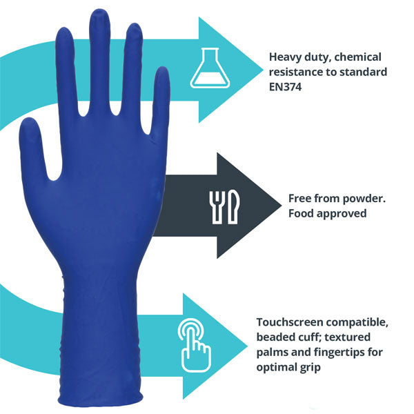 Heavy Duty Disposable Automotive Long Blue Latex Gloves - Cases of 10 Boxes, 50 Gloves per Box