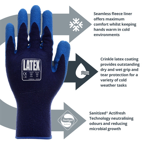 Latex Coated Fleece Lined Work Gloves - Thermal for Extreme Cold - Secure Fit Wet & Dry Grip - Sanitized® Actifresh - In Bags of 10Pairs