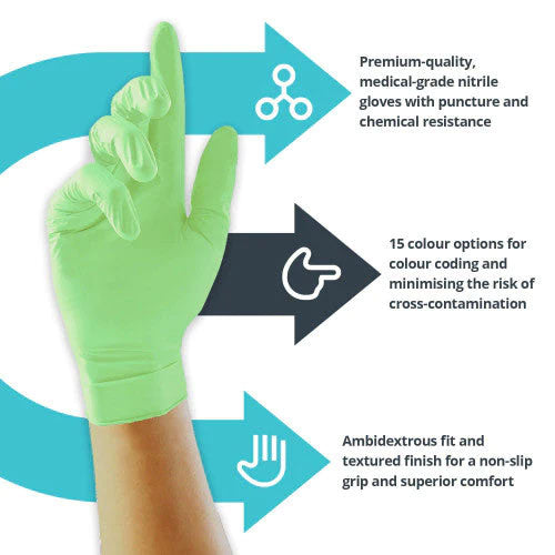 Green Nitrile Gloves - Cases of 10 Boxes, 100 Gloves per Box