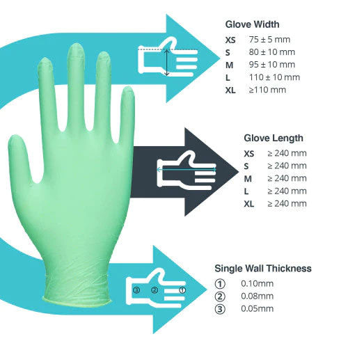 Green Nitrile Gloves - Cases of 10 Boxes, 100 Gloves per Box
