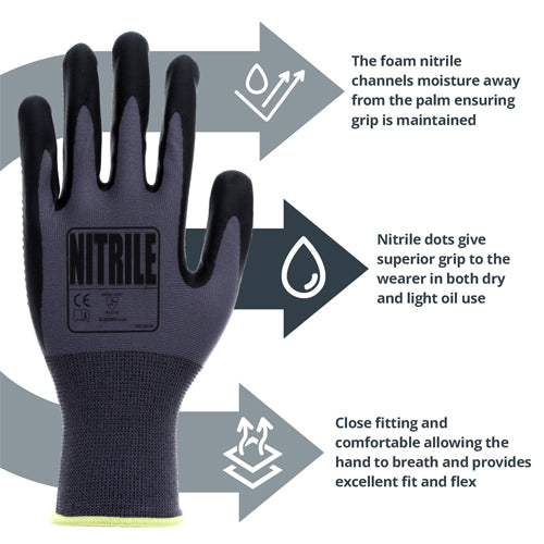 Grey Black Gloves with Grip Dots - Foam Nitrile Palm Coated - Flex Grip Work Gloves - In Bags of 10 Pairs