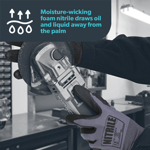 Grey Black Gloves with Grip Dots - Foam Nitrile Palm Coated - Flex Grip Work Gloves - In Bags of 10 Pairs