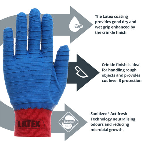 Latex Coated Gloves - Moisture Wicking - Level B Cut Protection - Wet & Dry Grip - Sanitized® Actifresh - In Bags of 10 Pairs