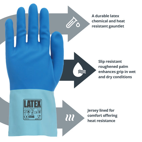Latex Heavy Duty Chemical Resistant Gloves - Heat Resistant - Moisture Wicking Cotton Liner - In Bags of 10 Pairs