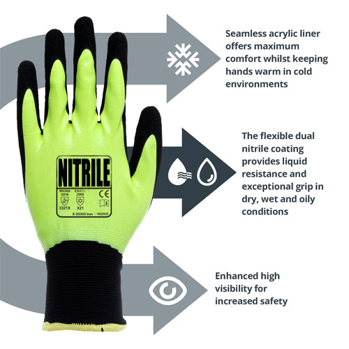 Hi-Viz Firm Grip Thermal Work Gloves - Moisture Protection - Abrasion & Tear Protection - NitreGrip® Technology - In Bags of 10 Pairs