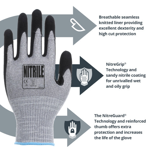 Sandy Nitrile Gloves - Level D Cut - Dextrous - Reinforced Thumb Crotch - NitreGrip® and NitreGuard® Technology - In Bags of 10 Pairs