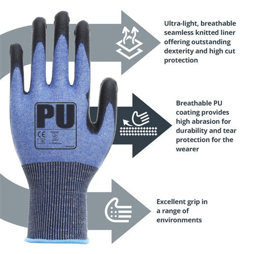 PU Palm Coated Gloves - 18 Gauge Cut Resistant Gloves Level C - Ultra Light Weight - In Bags of 10 Pairs