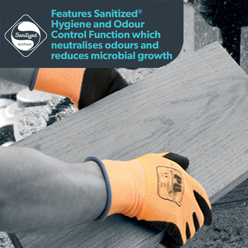 PU Palm Coated Safety Gloves - Cut Level B - Equivalent Cut 3 Gloves - Orange Liner - Sanitized® Actifresh - In Bags of 10 Pairs