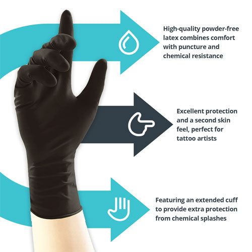 Black Long Cuff Latex Examination & Tattoo Artist Gloves - Cases of 10 Boxes, 100 Gloves per Box