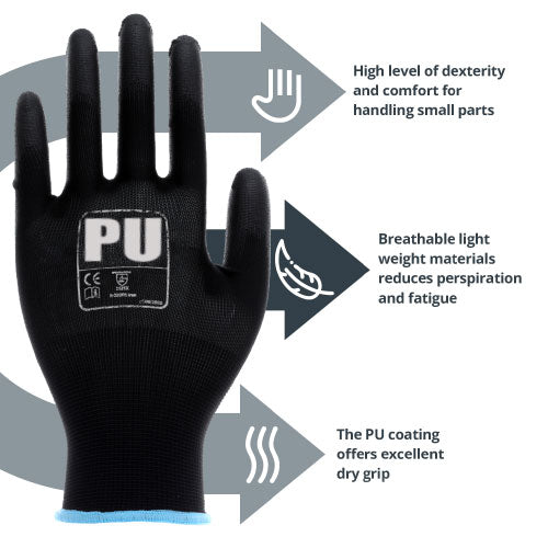 Black PU Palm Coated Gloves - High Dexterity, Abrasion & Tear Protection - In Bags of 10 Pairs