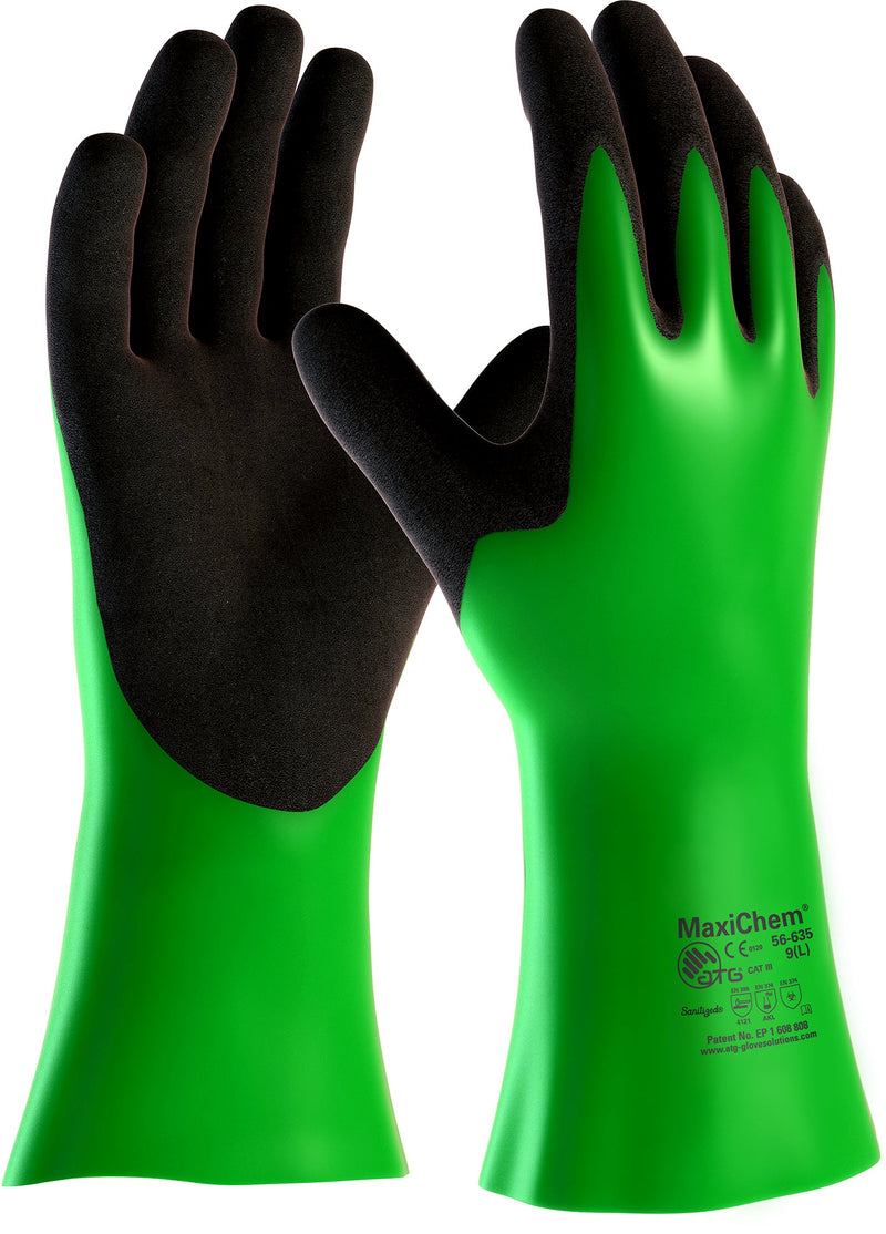 Maxichem 56-635: Heavy-Duty Green & Black Chemical Protection Gloves - Pack of 12 Pairs